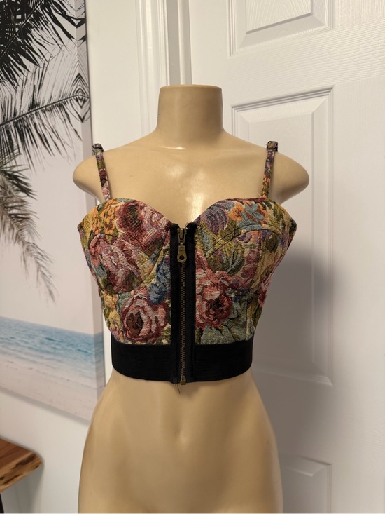 Tops - Floral Tapestry Bustier Crop Top with Front Zip